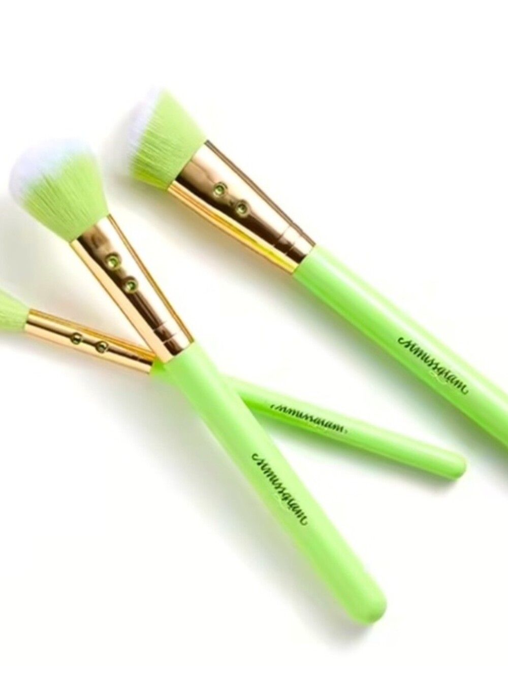 NIB $30 Brush Trio Mint Green Makeup With Rhinestone Accent On Ferrules